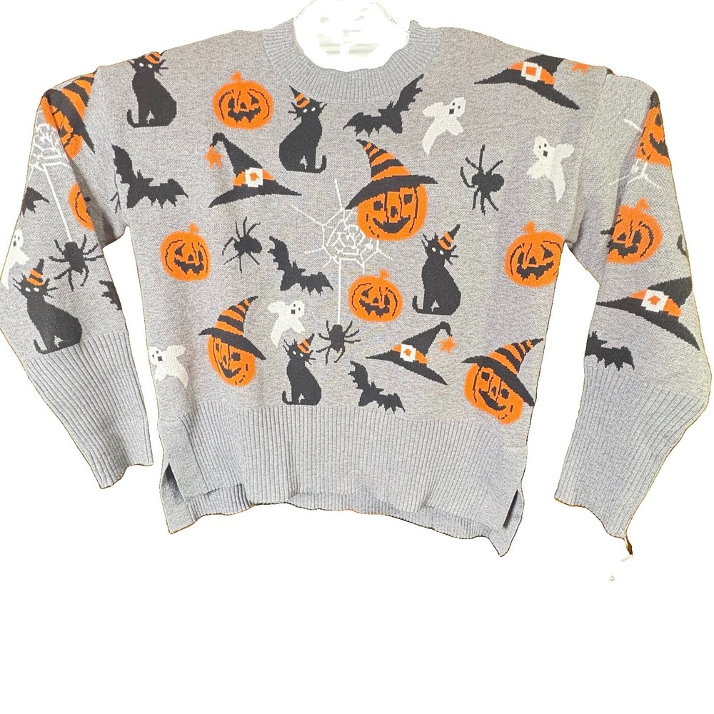 Halloween Sweater Women's Sz S NWT Super Soft Pumpkins Split Sides Gray T